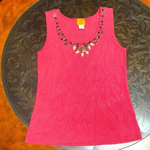 Ruby Red Salmon Pink Beautifully Embellished Neckline Rayon/Nylon Blend Tank Top - Picture 4 of 10